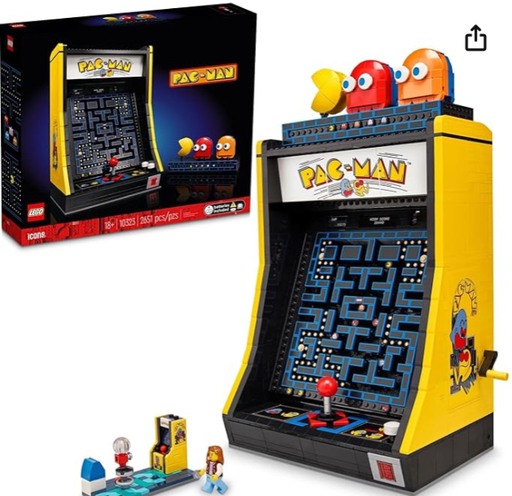 LEGO Icons PAC-MAN Arcade Building Kit (10323) showcasing a detailed model of the iconic 1980s arcade game, complete with PAC-MAN, BLINKY, and CLYDE figures.