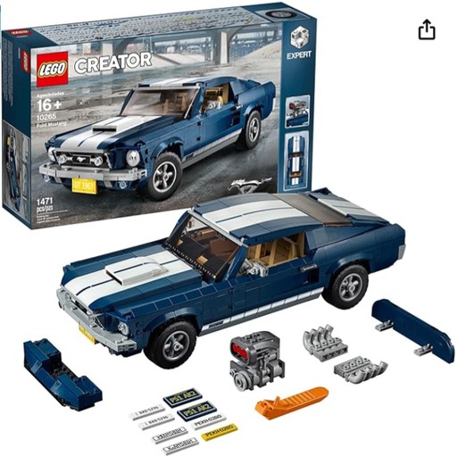 LEGO Creator Expert Ford Mustang 10265 set showcasing a detailed replica of the iconic 1960s Ford Mustang with dark-blue bodywork and white racing stripes.