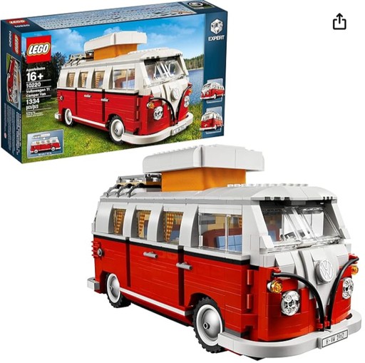 LEGO Creator Expert Volkswagen T1 Camper Van 10220 set featuring a detailed model of the classic 1962 Volkswagen Camper Van with a pop-up roof and retro design elements.