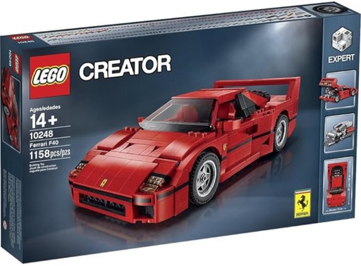 LEGO Creator Expert Ferrari F40 10248 set featuring a detailed model of the classic 1980s Ferrari supercar with racing-red bodywork and authentic features.