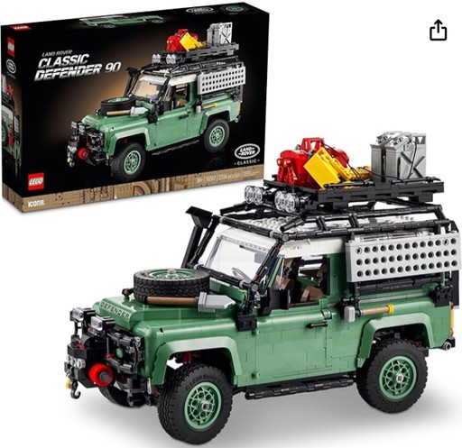 LEGO Icons Land Rover Classic Defender 90 10317 set featuring a detailed model of the iconic off-road vehicle with customizable accessories.