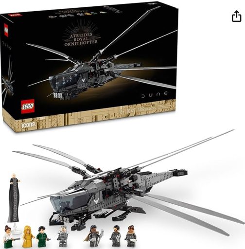 LEGO Icons Dune Atreides Royal Ornithopter 10327 set featuring a detailed model of the iconic aircraft from the Dune movie with 8 minifigures.