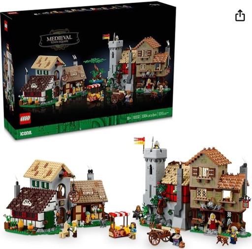 LEGO Icons Medieval Town Square 10332 featuring a detailed medieval village with various buildings and minifigures, perfect for display and imaginative play.