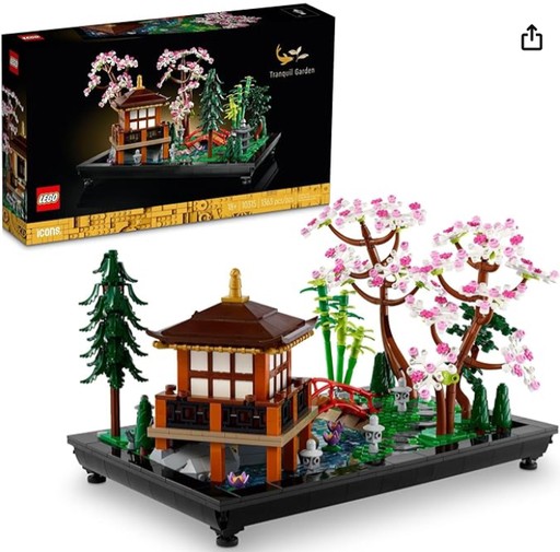 LEGO Icons Tranquil Garden Creative Building Set, featuring a Japanese Zen garden with a pavilion, koi carp, lotus flowers, and stone lanterns.