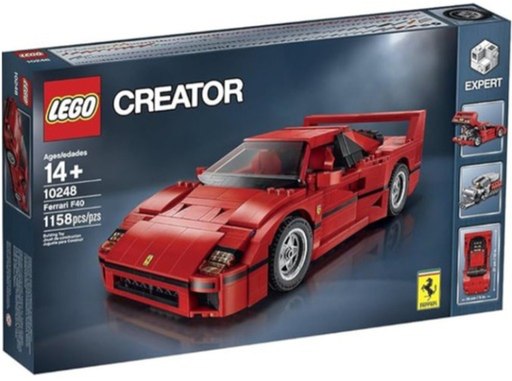 Box of the LEGO Creator Expert Ferrari F40 set 10248, showcasing a detailed red sports car with 1158 pieces, reflecting the advanced building techniques and intricate designs discussed in the post about LEGO Icons and LEGO Creator Expert sets.