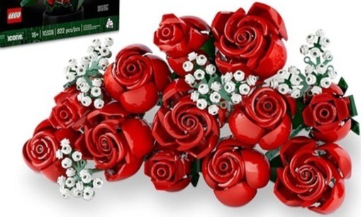 A stunning display of LEGO Icons and LEGO Creator Expert sets featuring a vibrant bouquet of red roses from the LEGO Icons Bouquet of Roses set 10328, highlighting the intricate design and elegance of LEGO’s advanced building techniques.