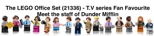 LEGO Office Set (21336) - TV Series Fan Favorite: Meet the Staff of Dunder Mifflin. A lineup of LEGO minifigures representing characters from The Office TV series, each with unique accessories and outfits, standing in a row.