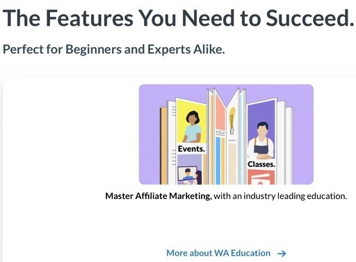 Image from the Wealthy Affiliate platform in the post ‘How to Make Money Selling LEGO’ on Lou’s BricksHouse, showing features needed to succeed with illustrations of events and classes to master affiliate marketing.