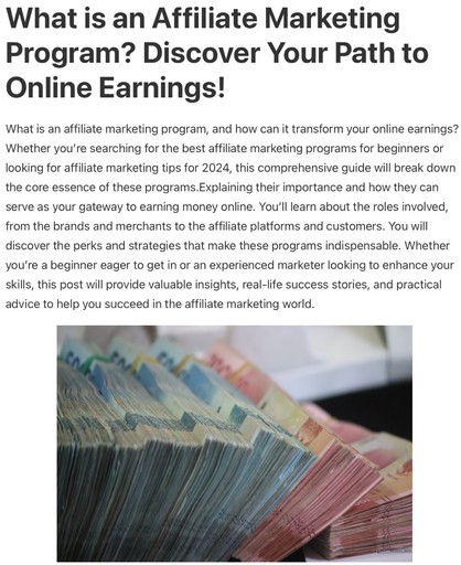 Header image for the post ‘What is an Affiliate Marketing Program? Discover Your Path to Online Earnings!’ from Lou’s BricksHouse, featuring stacks of colorful banknotes representing potential earnings.