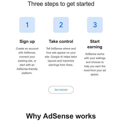 Image from the Google AdSense sign-up page in the post ‘How to Make Money Selling LEGO’ on Lou’s BricksHouse, showing three steps to get started: Sign up, Take control, and Start earning, with explanations for each step.