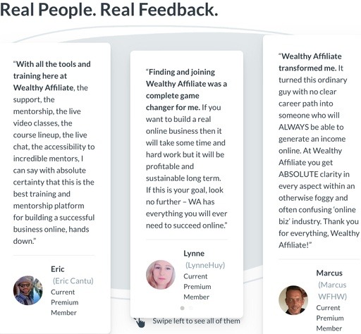 Wealthy Affiliate testimonials page, featuring real feedback from members. Testimonials include Eric, who praises the tools and mentorship; Lynne, who describes Wealthy Affiliate as a game changer for building a sustainable online business; and Marcus, who highlights the clarity and income potential gained through the platform.