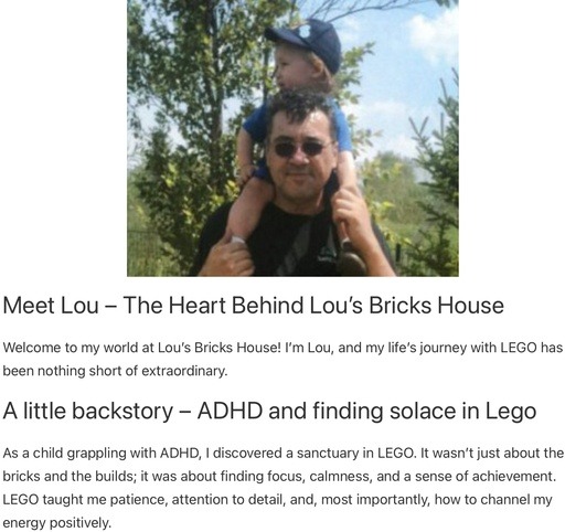 Image of Lou, the founder of Lou’s Bricks House, carrying a child on his shoulders. Lou shares his journey with LEGO, highlighting how it helped him cope with ADHD by teaching patience and focus.