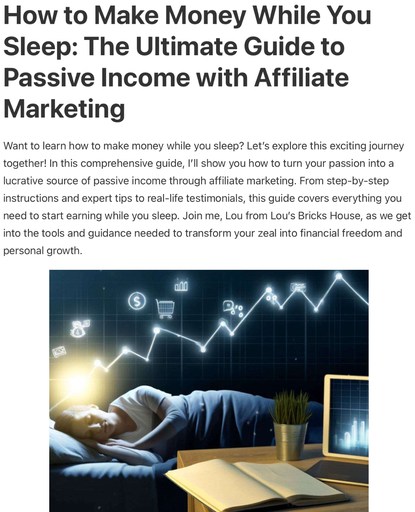 Header image from the post at Lou’s Bricks House titled “How to Make Money While You Sleep: The Ultimate Guide to Passive Income with Affiliate Marketing.” The image shows a woman sleeping with financial symbols above her, indicating passive income through affiliate marketing.