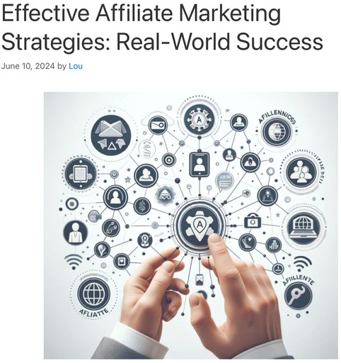 Header image for “Effective Affiliate Marketing Strategies: Real-World Success” post on Lou’s Bricks House, depicting hands interacting with a network of affiliate marketing icons and connections.