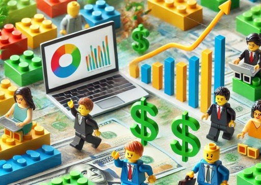 Featured image for the post ‘How to Make Money Selling LEGO’ on Lou’s BricksHouse. The image shows LEGO bricks and minifigures with money symbols, laptops, and charts indicating growth, representing the concept of making money through affiliate marketing.