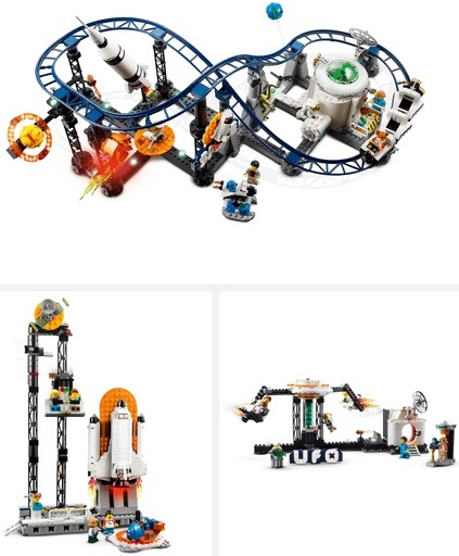 LEGO Creator 3-in-1 Space Roller Coaster set showcasing three different space-themed amusement park rides, ideal for engaging children with ADHD in creative and structured play. Image links to Amazon Marketplace 