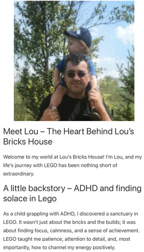 Header image from the ‘About Lou’ page on Lou’s Bricks House, showing Lou carrying a young child on his shoulders, symbolizing his personal journey with LEGO and ADHD, and the heart behind his passion for building and creativity.