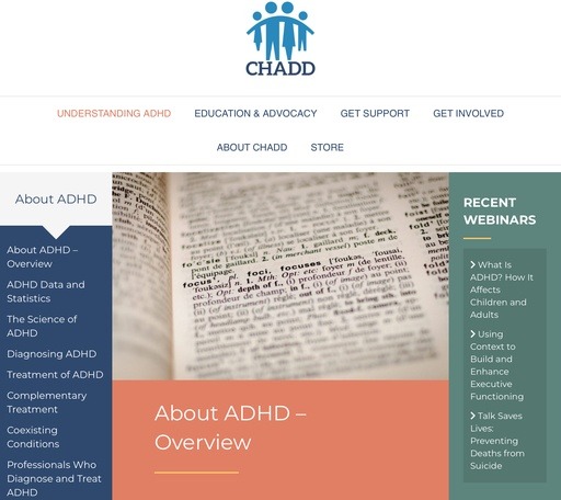 CHADD website screenshot showing the About ADHD Overview section, highlighting the organization’s focus on understanding and treating ADHD. The page features a dictionary entry of the word ‘focus’ to emphasize the importance of structured activities like LEGO in improving concentration for children with ADHD, as discussed in the first testimonial of this post.