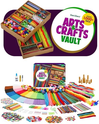 Dan&Darci Arts & Crafts Vault for Kids - A comprehensive 1000+ piece arts and crafts kit featuring colorful supplies like pom-poms, pipe cleaners, beads, and more, ideal for sparking creativity in children with ADHD. This kit is designed for kids aged 8 to 12 and provides a wide range of materials for endless crafting possibilities.