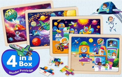 Space-Themed Wooden Puzzle Set for Kids - A collection of four vibrant and colorful puzzles with large, easy-to-handle pieces, designed to develop fine motor skills and focus in children, including those with ADHD