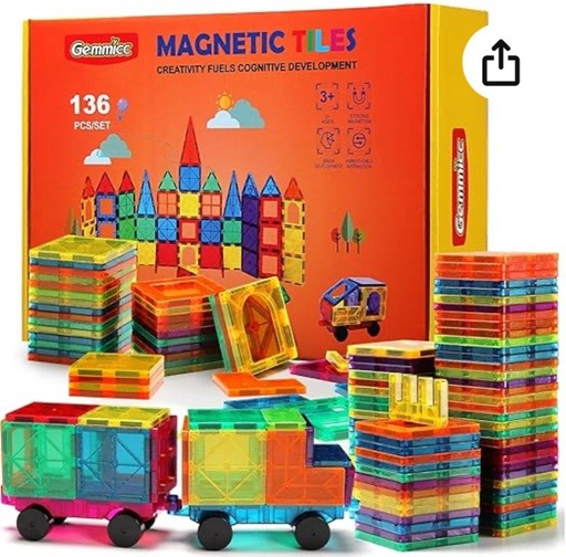 Gemmicc Magnetic Tiles - Deluxe 136 PCS Building Blocks Set with vibrant 3D magnetic tiles and two magnetic cars, ideal for creativity, cognitive development, motor skills, and perfect for children with ADHD aged 3 and up.