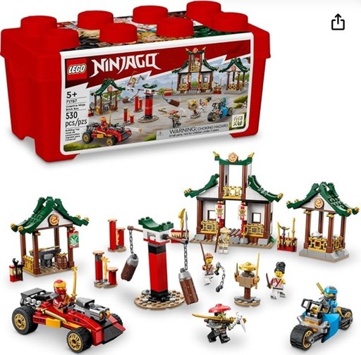 LEGO NINJAGO Creative Ninja Brick Box 71787 set with 530 pieces, including a dojo, vehicles, and minifigures, ideal for children with ADHD who enjoy imaginative play and creative building.