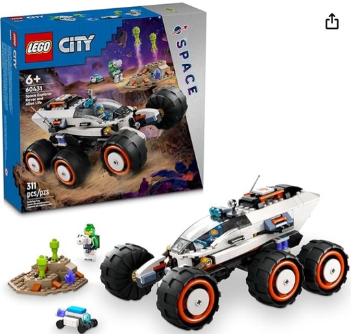 LEGO City Space Explorer Rover and Alien Life set with 311 pieces, including a space rover, minifigures, robot, and alien figure, ideal for children with ADHD interested in space exploration and STEM activities.