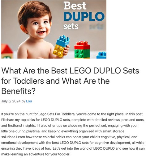 Header image from the post titled ‘What Are the Best LEGO DUPLO Sets for Toddlers and What Are the Benefits?’ at Lou’s Bricks House, showing a smiling toddler holding LEGO DUPLO bricks.