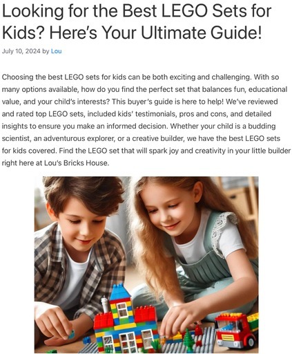 Header image from ‘Looking for the Best LEGO Sets for Kids? Here’s Your Ultimate Guide!’ at Lou’s Bricks House, depicting two children building a colorful LEGO house, highlighting the joy and creativity inspired by LEGO.