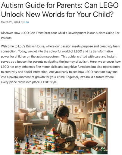 Header image from Lou’s Bricks House post ‘Autism Guide for Parents: Can LEGO Unlock New Worlds for Your Child?’ featuring a young boy deeply engaged in building a colorful LEGO structure in a cozy, well-lit room filled with LEGO creations.