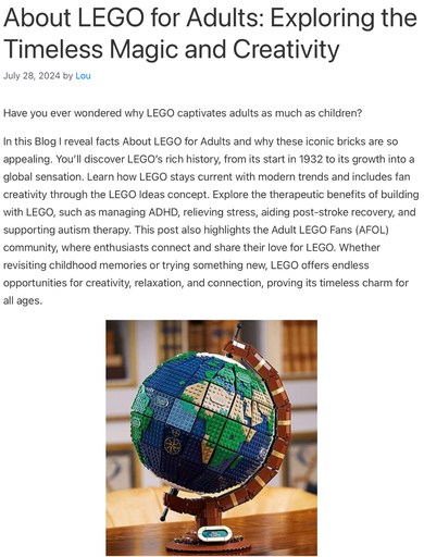 Header image from ‘About LEGO for Adults: Exploring the Timeless Magic and Creativity’ at Lou’s Bricks House, showing a detailed LEGO globe set on display.