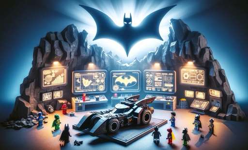 An imaginative scene depicting a superhero-themed cave illuminated by a generic bat-like symbol in the sky. The cave is equipped with high-tech gadgets and screens. On the left, a stylized, miniature car resembling a Batmobile in LEGO-like form is featured prominently. Surrounding the car, several LEGO-like minifigures in heroic poses embody vigilance and courage. The light from the bat-like symbol highlights the key elements of the scene, creating a dynamic and engaging composition perfect for a blog post header about superhero-themed LEGO sets.