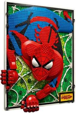 LEGO Art The Amazing Spider-Man 31209 displayed with the spider-man popping out of the frame and spiders crawling throughout