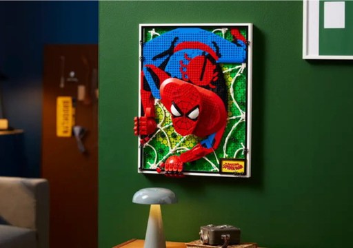 LEGO Art The Amazing Spider-Man 31209 displayed on a living room wall