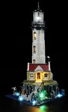 Image of the Lego Ideas Motorized Lighthouse with the LIGHTAILING Led light kit installed and displayed.