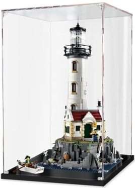 Image of the DastOp Acrylic Model Display Box with the Lego Ideas Motorized Lighthouse inside displayed.