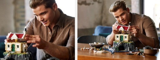 2 images of a man placing the roof on the lighthouse set by Lego, sitting in a chair in a comfy living space with the expression of happiness on his face.