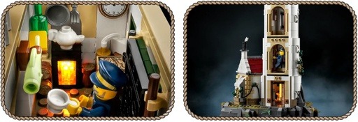 Image of the fireplace for the Lego lighthouse set, and a second image showing the set with a nice background displayed