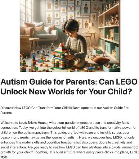 Header image of the “post Autism Guide For Parents” at Lou’s Bricks House. Includes the 1st paragraph that describes the post.