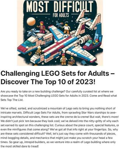 Header image of the post “difficult Lego Sets For Adults Top 10” at Lou’s Brick's House. Includes the first paragraph that describes the post.