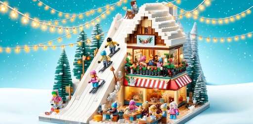 LEGO Friends Holiday Ski Slope and Cafe set in a snowy setting with children playing, conveying a joyful and festive winter adventure.