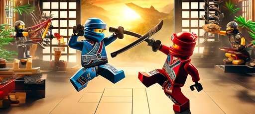 Dynamic LEGO Ninjago duel in a traditional dojo setting, featuring two ninja characters—one in blue and the other in red—engaged in an intense Spinjitzu battle, surrounded by detailed Japanese decor and a striking sunset background, illustrating a scene from the LEGO Ninjago Creative Brick Box Set 71787.