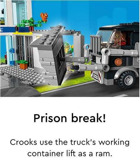 Image of the crooks Garbage truck included in the Lego City Police Station set, with the text ”Prison Break! Crooks use the working container lift as a ram”