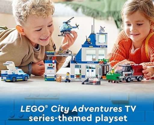 Image of 2 children engaged with the Lego City Police station Set with the text at the bottom “Lego City Adventures TV series - themed playset”