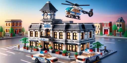 Lego scene of the Lego City Police Station set, showing a detailed three-level police station with a police helicopter above and a patrol car in front.