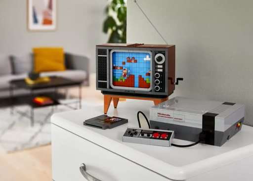 Image of the Lego Super Mario NES Set displayed on a side table 
