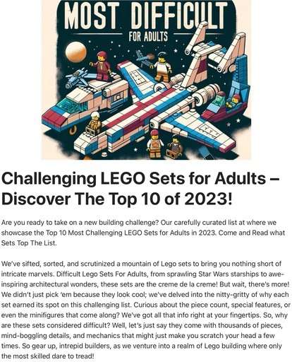 Header image from the post “ Challenging Lego Sets For Adults- The Top 10 of 2023” at Lou’s Bricks House.