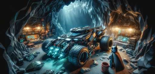 LEGO superhero underground lair with high-tech vehicle and masked hero in a dark, rocky cave setting.