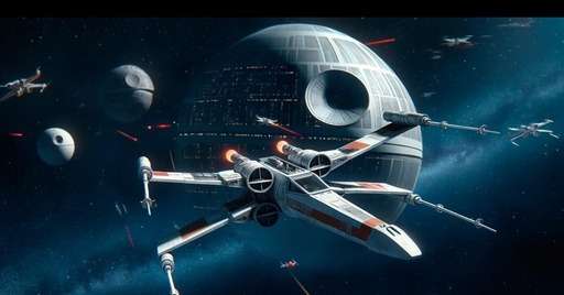 **Alt text:** "An X-Wing Starfighter flying in outer space with a pilot in the cockpit and an astromech droid in its slot. The Death Star looms in the background against a starry space scene."