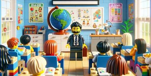 Classroom scene with LEGO minifigure children, a teacher at the front with the LEGO Ideas Globe Set 21332 on the teacher's table